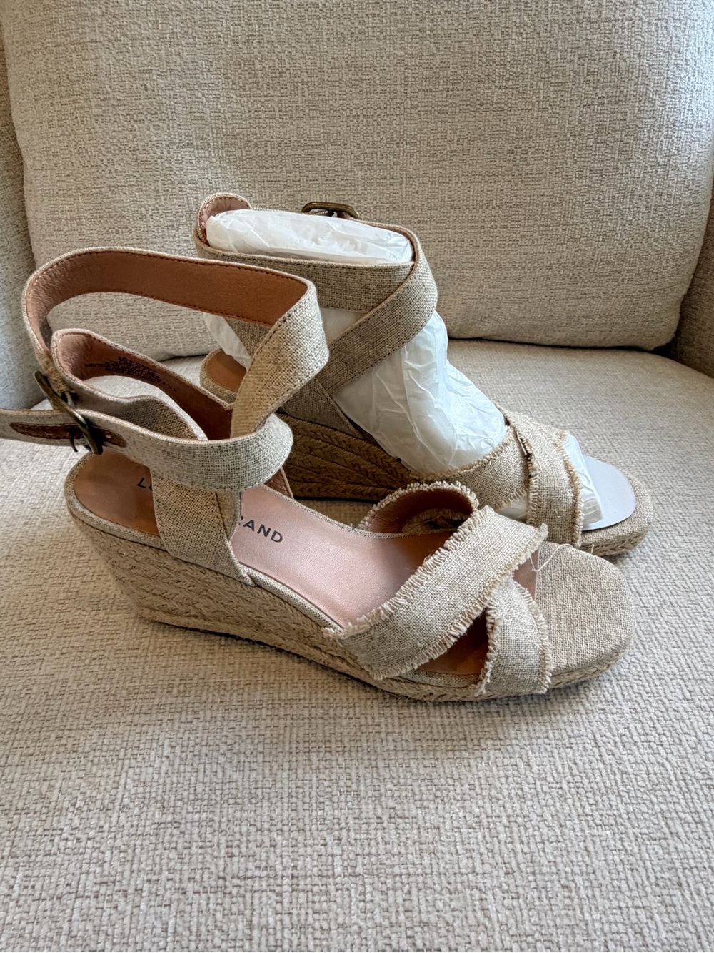 Neutral Linen Wedge Sandals with Ankle Strap - Women